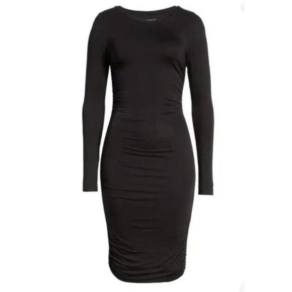 Good American Dresses & Skirts - GOOD American Dress Size 3 Large Black Midi Slinky Ruched Jersey Long Sleeve T